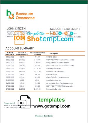 editable template, Honduras Banco de Occidente Bank statement template in Word and PDF format