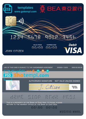 editable template, Hong Kong Bank of East Asia visa card template in PSD format, fully editable