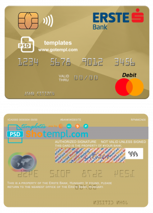 editable template, Hungary Erste Bank mastercard template in PSD format, fully editable
