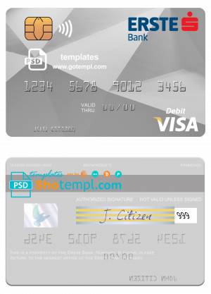 editable template, Hungary Erste Bank visa card template in PSD format, fully editable