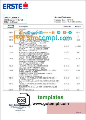 editable template, Hungary Erste Bank statement template in Word and PDF format