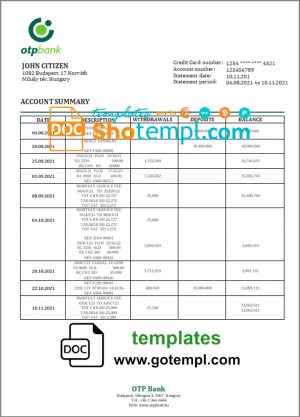 editable template, Hungary OTP Bank statement template in Word and PDF format
