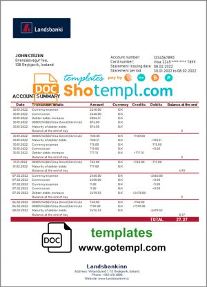 editable template, Iceland Landsbanki proof of address bank statement template in Word and PDF format