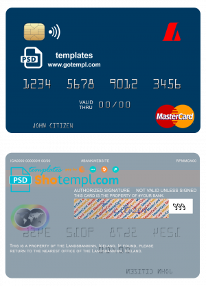 editable template, Iceland Landsbankinn mastercard template in PSD format, fully editable