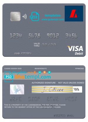 editable template, Iceland Landsbankinn visa card template in PSD format, fully editable