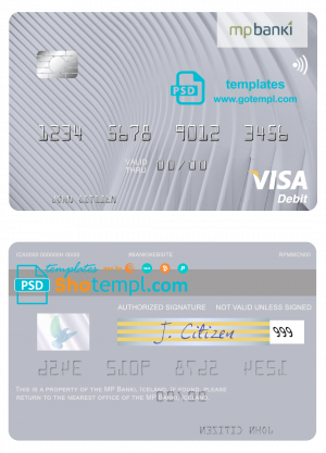editable template, Iceland MP Banki visa card template in PSD format, fully editable