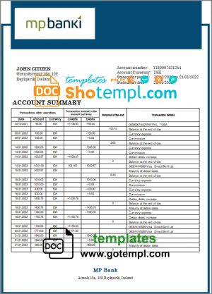 editable template, Iceland MP Bank statement template in Word and PDF format (.doc and .pdf)