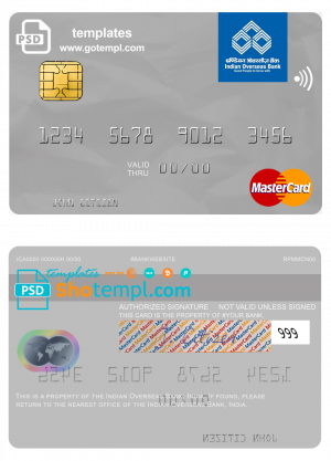 editable template, India Indian Overseas Bank mastercard template in PSD format, fully editable