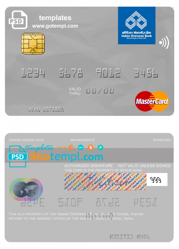 editable template, India Indian Overseas Bank mastercard template in PSD format, fully editable