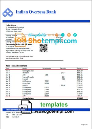 editable template, India Indian Overseas Bank statement template in Word and PDF format