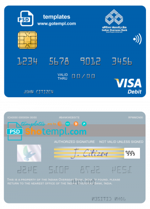 editable template, India Indian Overseas Bank visa card template in PSD format, fully editable