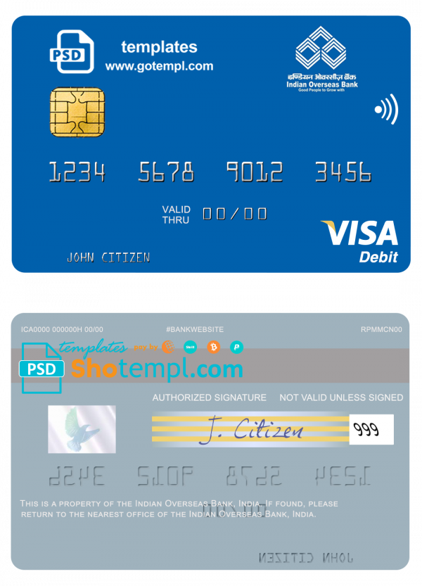 editable template, India Indian Overseas Bank visa card template in PSD format, fully editable