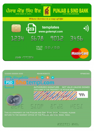 editable template, India Punjab and Sind Bank mastercard template in PSD format, fully editable