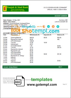 editable template, India Punjab and Sind Bank statement template in Word and PDF format