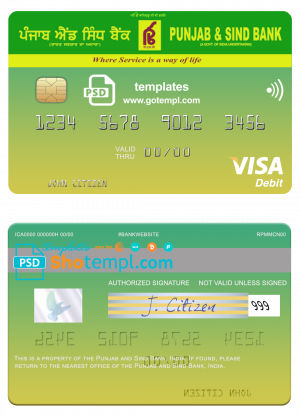 editable template, India Punjab and Sind Bank visa card template in PSD format, fully editable