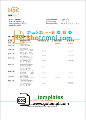 editable template, Indonesia BTPN proof of address bank statement in Word and PDF format