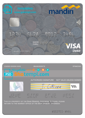 editable template, Indonesia Bank Mandiri visa card template in PSD format, fully editable