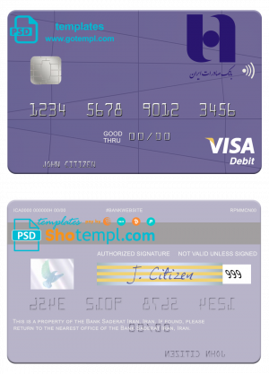 editable template, Iran Bank Saderat bank visa card template in PSD format, fully editable