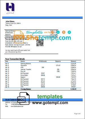 editable template, Iran Bank Sederet Iran proof of address bank statement template in Word and PDF format