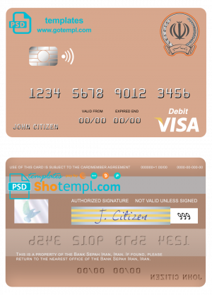 editable template, Iran Sepah bank visa card template in PSD format, fully editable