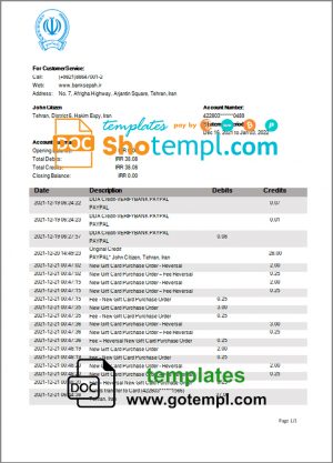 editable template, Iran Bank Sepah proof of address bank statement template in Word and PDF format