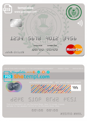 editable template, Iraq Rafidain bank mastercard card template in PSD format, version 2