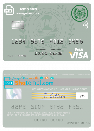 editable template, Iraq Rafidain bank visa debit card template in PSD format, fully editable