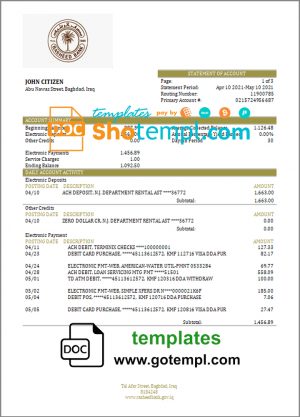 editable template, Iraq Rasheed proof of address bank statement in Word and PDF format