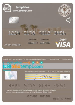 editable template, Iraq Rasheed Bank visa card template in PSD format, fully editable
