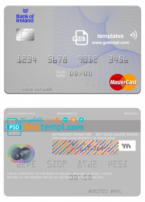 editable template, Ireland Bank of Ireland mastercard template in PSD format, fully editable