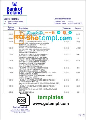 editable template, Ireland Bank of Ireland bank statement template in Word and PDF format