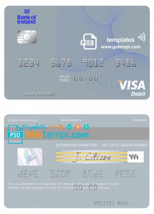 editable template, Ireland Bank of Ireland visa card template in PSD format, fully editable