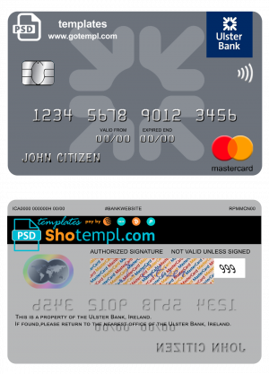 editable template, Ireland Ulster Bank Ireland mastercard template in PSD format, fully editable