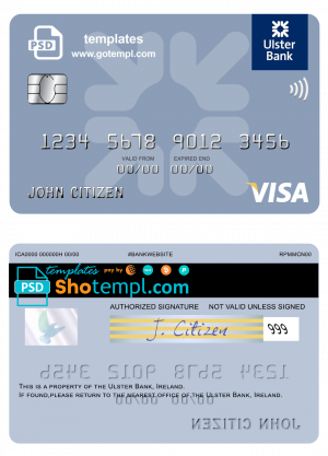 editable template, Ireland Ulster Bank Ireland visa card template in PSD format, fully editable
