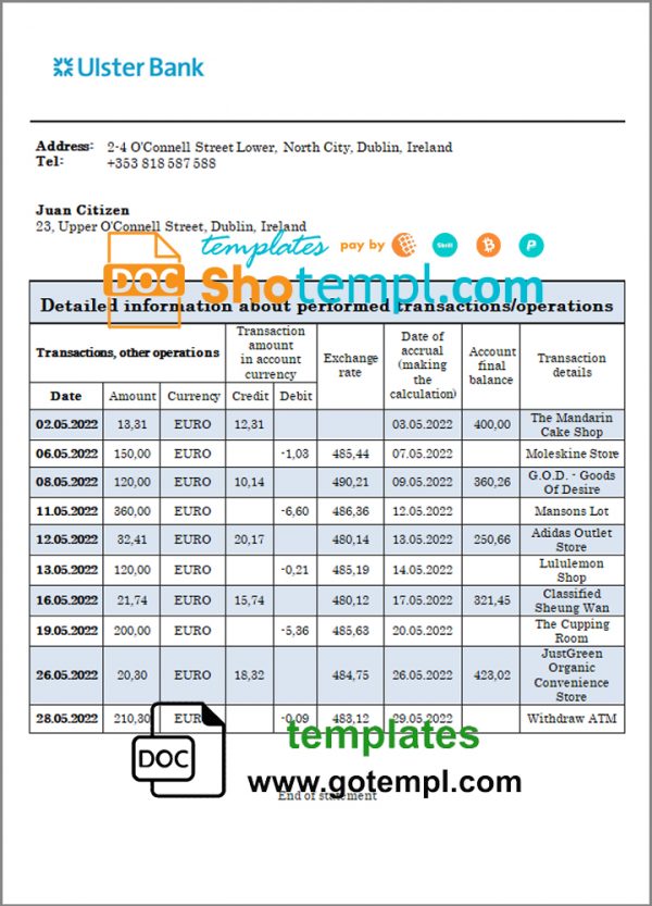editable template, Ireland Ulster proof of address bank statement in Word and PDF format