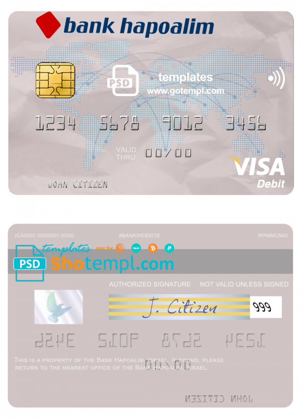 editable template, Israel Bank Hapoalim visa card template in PSD format, fully editable
