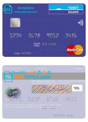 editable template, Israel Bank Leumi mastercard template in PSD format, fully editable