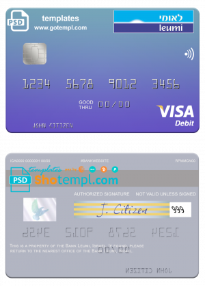 editable template, Israel Bank Leumi visa card template in PSD format, fully editable