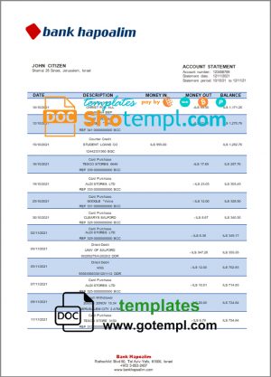 editable template, Israel Hapoalim proof of address bank statement template in Word and PDF format