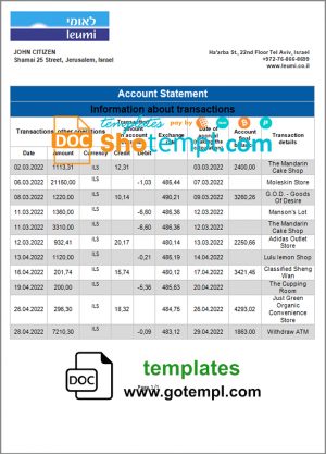 editable template, Israel Leumi proof of address bank statement template in Word and PDF format