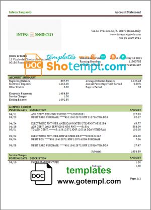 editable template, Italy Intesa Sanpaolo bank statement template in .doc and .pdf format, fully editable