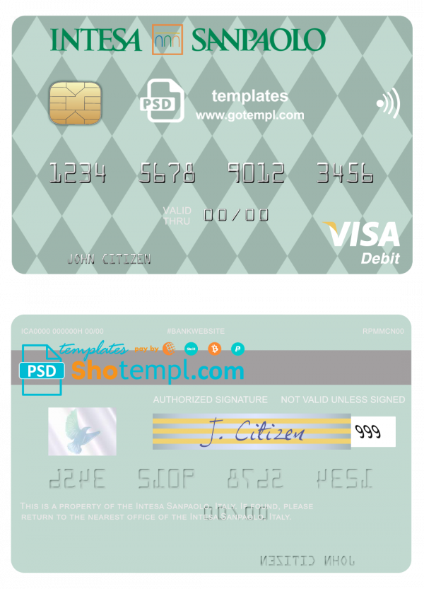 editable template, Italy Intesa Sanpaolo visa card fully editable template in PSD format