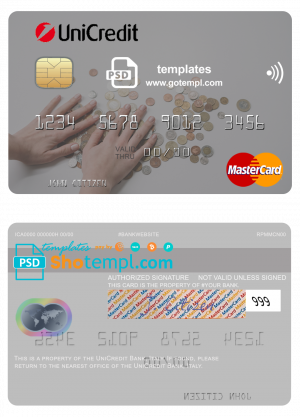 editable template, Italy UniCredit Bank mastercard fully editable template in PSD format
