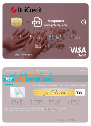 editable template, Italy UniCredit Bank visa card fully editable template in PSD format