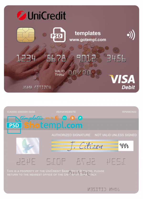 editable template, Italy UniCredit Bank visa card fully editable template in PSD format
