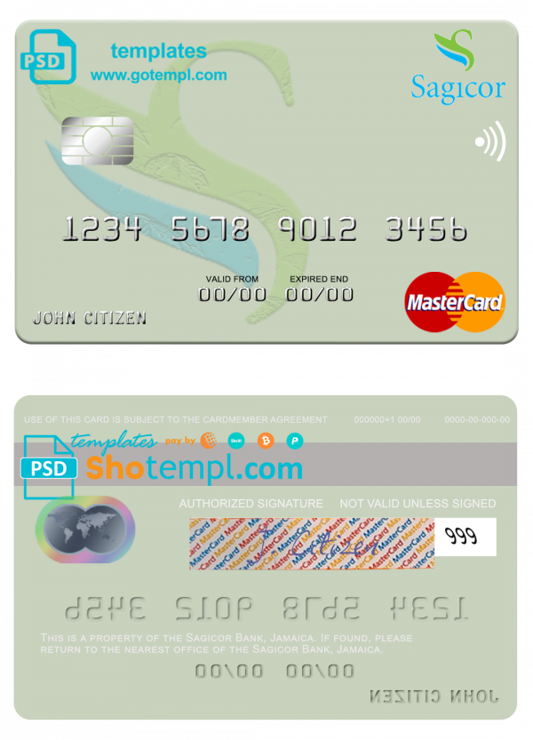 editable template, Jamaica Sagicor Bank mastercard fully editable template in PSD format