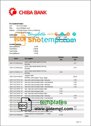editable template, Japan Chiba bank statement template in Word and PDF format