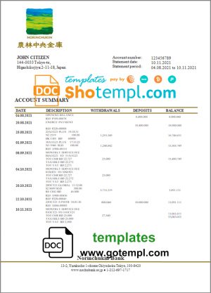 editable template, Japan Norinchukin Bank statement template in Word and PDF format