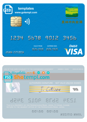 editable template, Japan Norinchukin Bank visa card fully editable template in PSD format