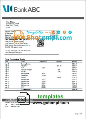 editable template, Jordan ABC Bank statement template in Word and PDF format